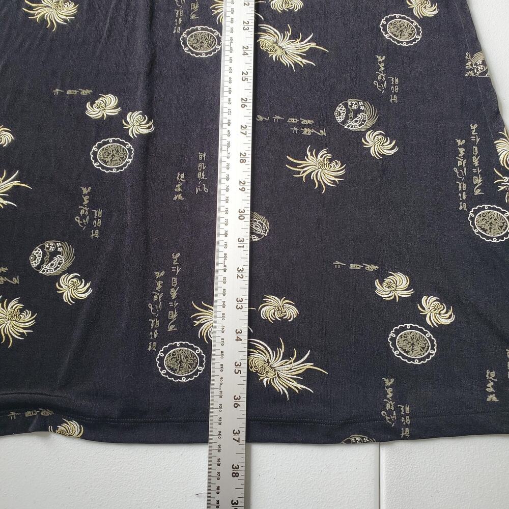 90s Asian y2k Skirt Womens Medium Black Floral A-Line Long Stretch Boho Jersey - Picture 5 of 9